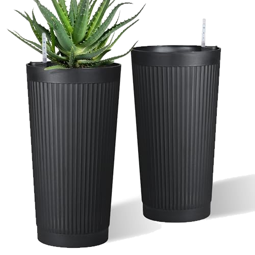 TUYOHW Self-Watering 24in Plastic Round Planter with Vertical Ribbed Design – Indoor Outdoor Flower Pot for Plants